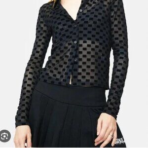 NWOT Edikted Checkered Velour Sheer Button Down Shirt XS